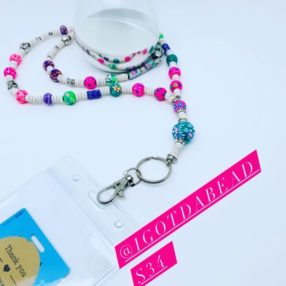 Custom made glass beads lD Lanyard with magnetic clamp for safety